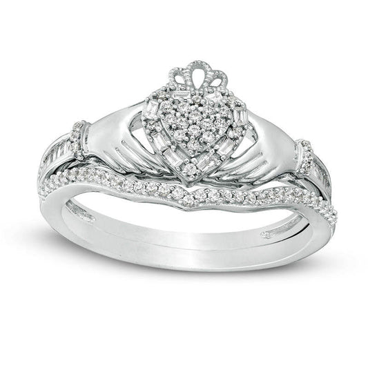 0.25 CT. T.W. Composite Natural Diamond Frame Claddagh Bridal Engagement Ring Set in Solid 10K White Gold