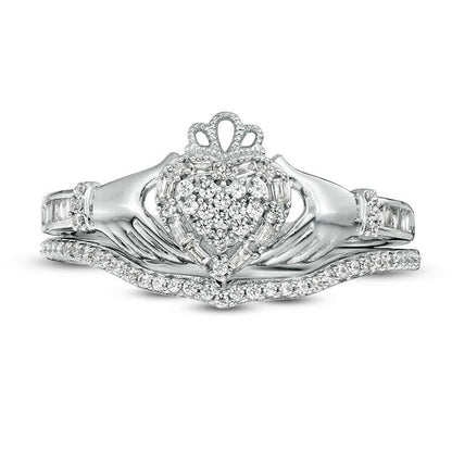 0.25 CT. T.W. Composite Natural Diamond Frame Claddagh Bridal Engagement Ring Set in Solid 10K White Gold
