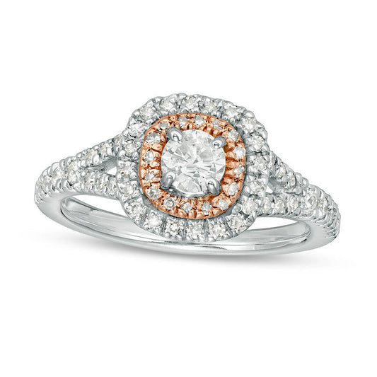 0.63 CT. T.W. Natural Diamond Double Cushion Frame Engagement Ring in Solid 14K Two-Tone Gold