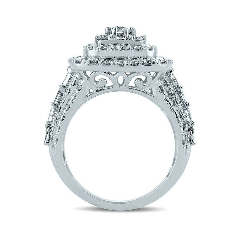 3.0 CT. T.W. Natural Diamond Triple Cushion Frame Multi-Row Engagement Ring in Solid 10K White Gold