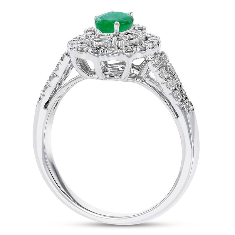 Oval Emerald and 0.63 CT. T.W. Natural Diamond Double Geometric Frame Split Shank Engagement Ring in Solid 18K White Gold