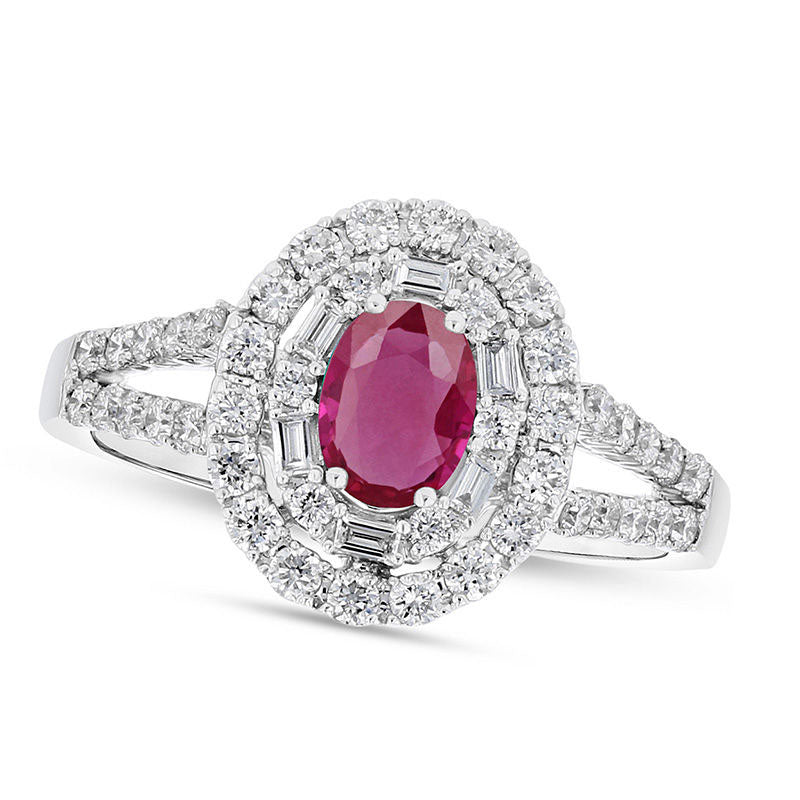 Oval Ruby and 0.63 CT. T.W. Natural Diamond Double Geometric Frame Split Shank Engagement Ring in Solid 18K White Gold