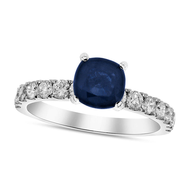 6.0mm Cushion-Cut Blue Sapphire and 0.75 CT. T.W. Natural Diamond Engagement Ring in Solid 18K White Gold