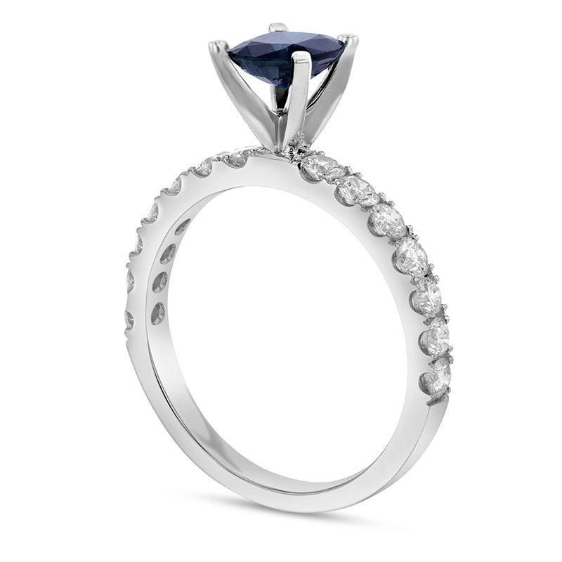 6.0mm Cushion-Cut Blue Sapphire and 0.75 CT. T.W. Natural Diamond Engagement Ring in Solid 18K White Gold