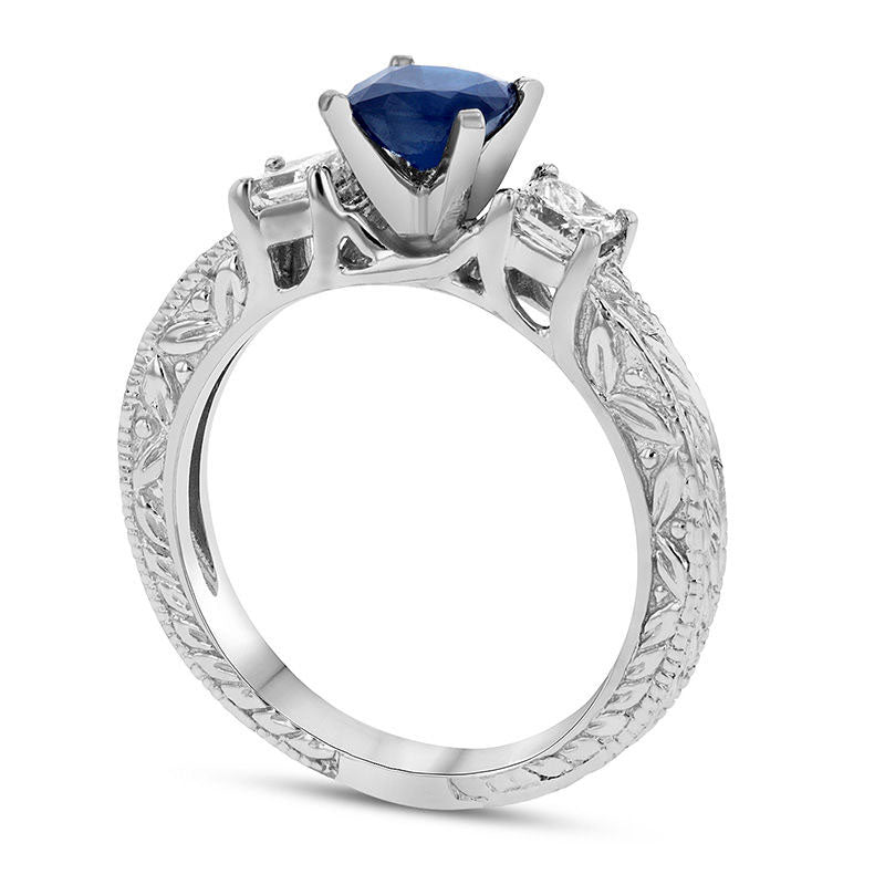 5.0mm Cushion-Cut Blue Sapphire and 0.38 CT. T.W. Princess-Cut Natural Diamond Three Stone Engagement Ring in Solid 14K White Gold