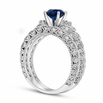 6.0mm Blue Sapphire and 0.33 CT. T.W. Natural Diamond Paisley Antique Vintage-Style Bridal Engagement Ring Set in Solid 14K White Gold