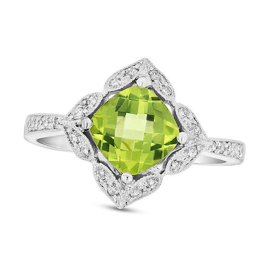 7.0mm Cushion-Cut Peridot and 0.20 CT. T.W. Natural Diamond Ornate Frame Antique Vintage-Style Engagement Ring in Solid 14K White Gold