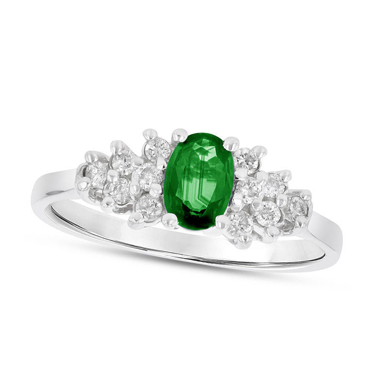 Oval Emerald and 0.17 CT. T.W. Natural Diamond Triangle Side Clusters Ring in Solid 14K White Gold