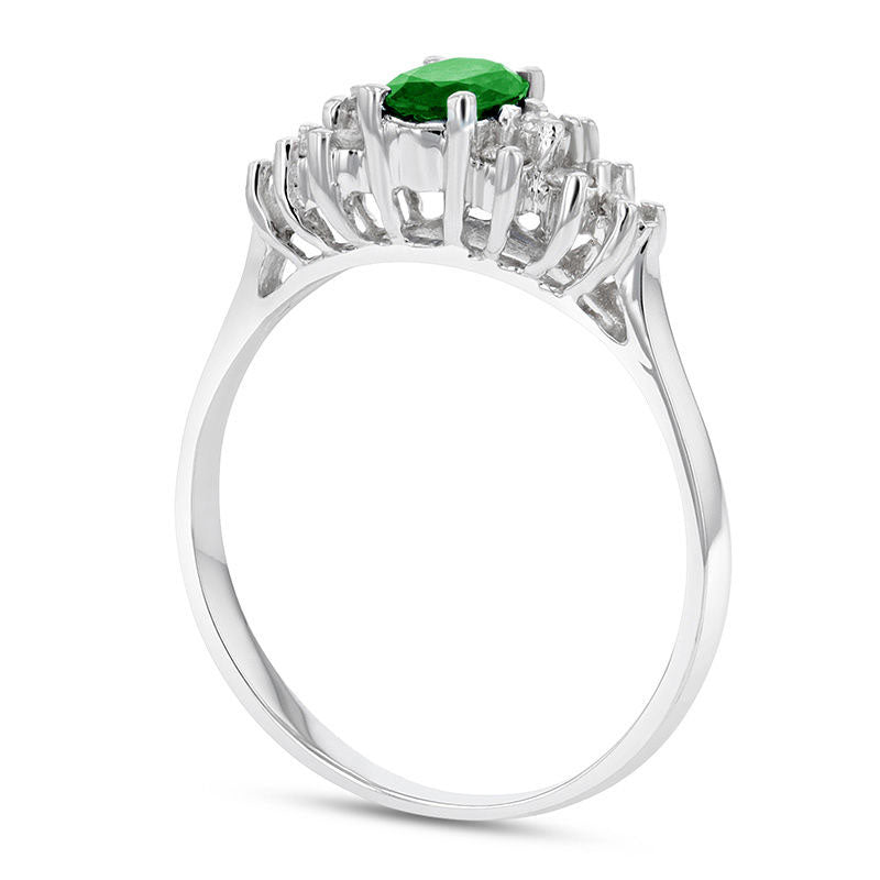 Oval Emerald and 0.17 CT. T.W. Natural Diamond Triangle Side Clusters Ring in Solid 14K White Gold