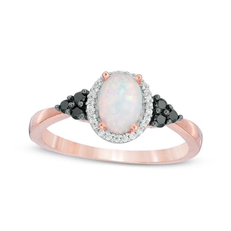 Oval Lab-Created Opal and 0.17 CT. T.W. Enhanced Black and White Diamond Frame Tri-Sides Ring in Solid 10K Rose Gold
