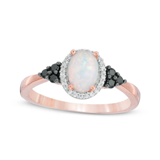 Oval Lab-Created Opal and 0.17 CT. T.W. Enhanced Black and White Diamond Frame Tri-Sides Ring in Solid 10K Rose Gold