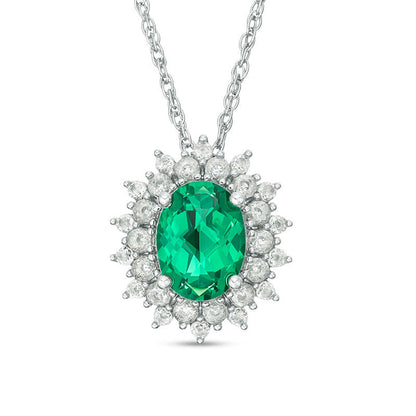 Oval Lab-Created Emerald and White Sapphire Sunburst Frame Pendant in Sterling Silver