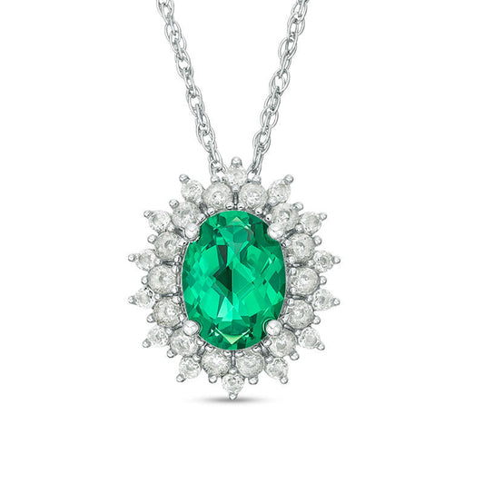 Oval Lab-Created Emerald and White Sapphire Sunburst Frame Pendant in Sterling Silver