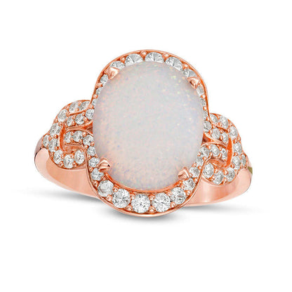 Oval Lab-Created Opal and 0.38 CT. T.W. Diamond Frame Ring in Solid 10K Rose Gold