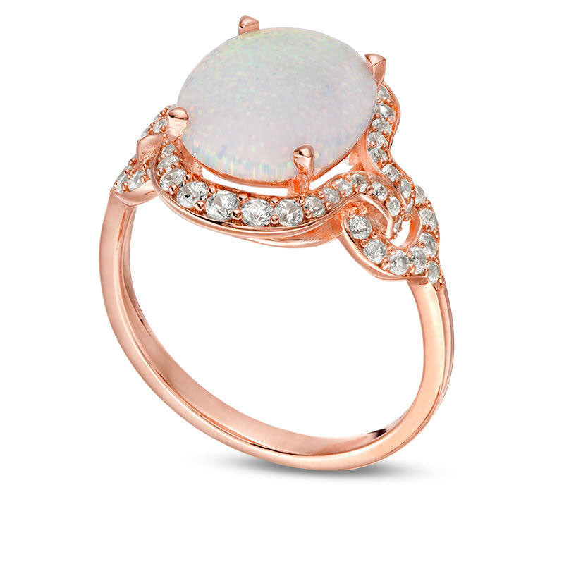 Oval Lab-Created Opal and 0.38 CT. T.W. Diamond Frame Ring in Solid 10K Rose Gold