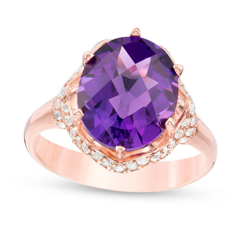 Oval Amethyst and 0.33 CT. T.W. Natural Diamond Zig-Zag Collar Ring in Solid 10K Rose Gold