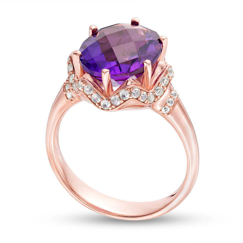 Oval Amethyst and 0.33 CT. T.W. Natural Diamond Zig-Zag Collar Ring in Solid 10K Rose Gold