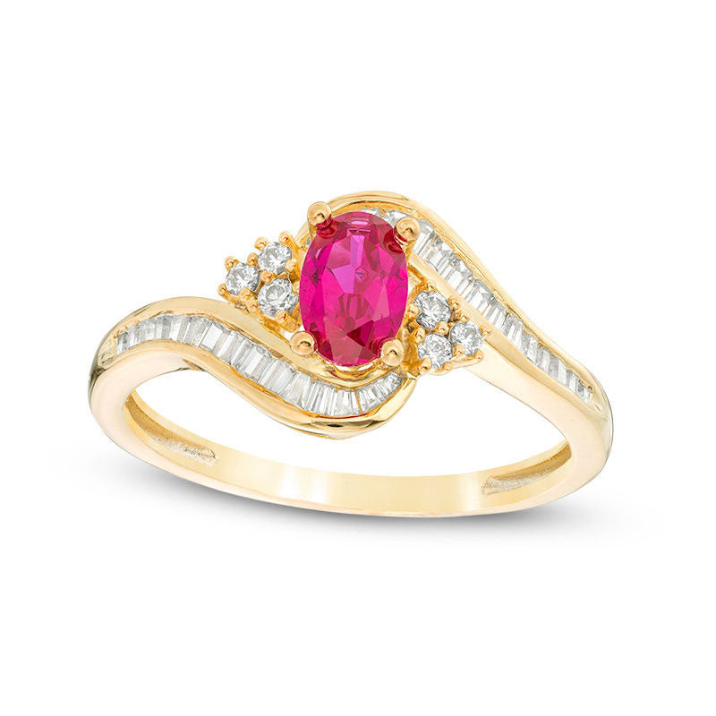 Oval Ruby and 0.33 CT. T.W. Natural Diamond Tri-Sides Bypass Ring in Solid 10K Yellow Gold