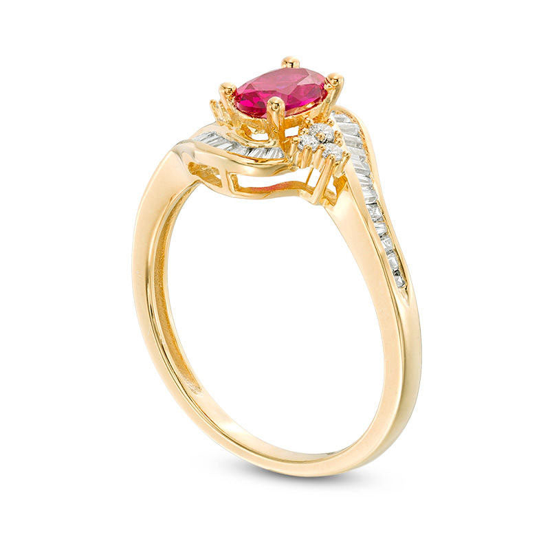 Oval Ruby and 0.33 CT. T.W. Natural Diamond Tri-Sides Bypass Ring in Solid 10K Yellow Gold