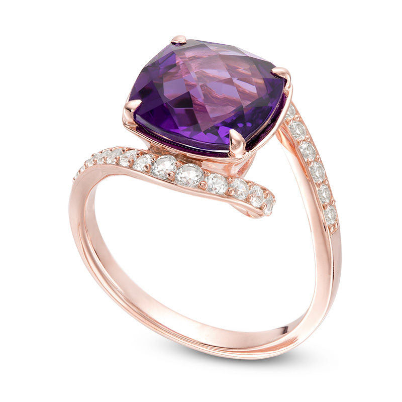 10.0mm Cushion-Cut Amethyst and 0.38 CT. T.W. Natural Diamond Bypass Ring in Solid 10K Rose Gold