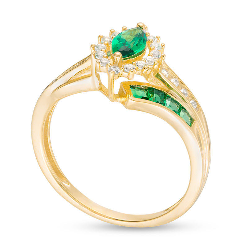 Marquise Emerald and 0.17 CT. T.W. Natural Diamond Double Row Bypass Ring in Solid 10K Yellow Gold