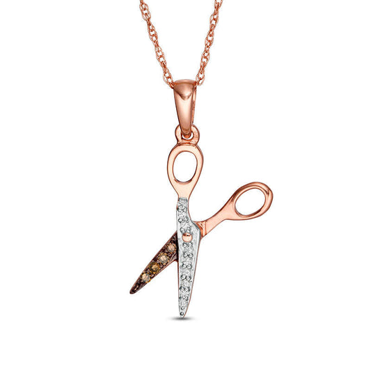 0.05 CT. T.W. Champagne and White Natural Diamond Scissors Pendant in 10K Rose Gold