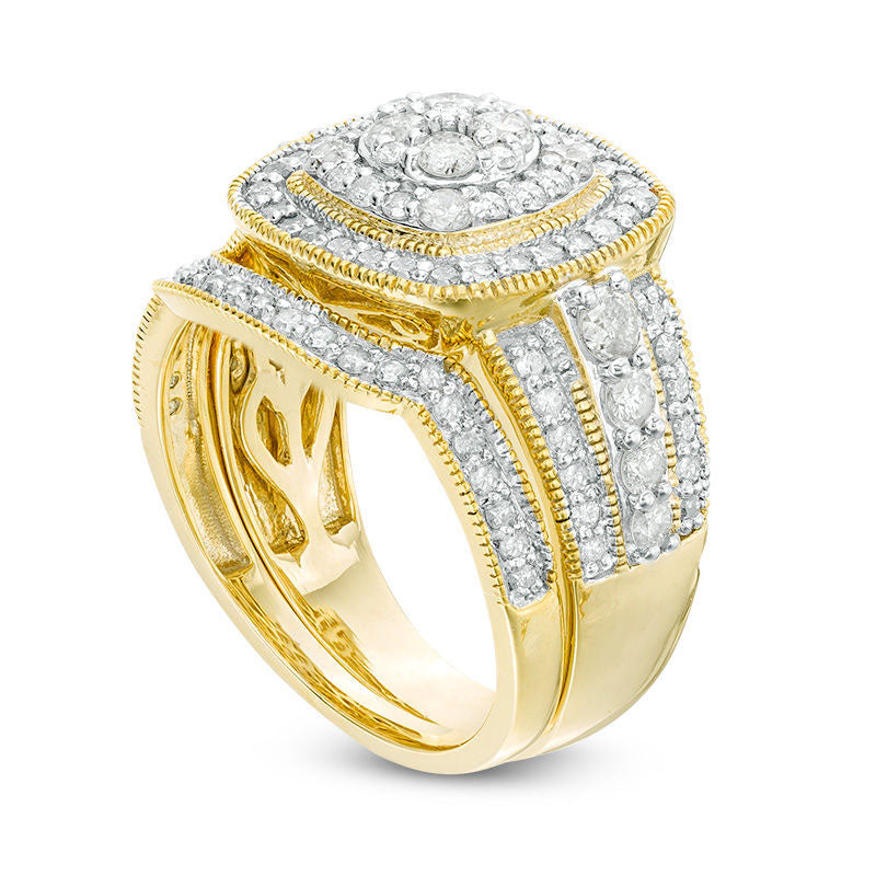 1.5 CT. T.W. Composite Natural Diamond Double Cushion Frame Antique Vintage-Style Bridal Engagement Ring Set in Solid 10K Yellow Gold