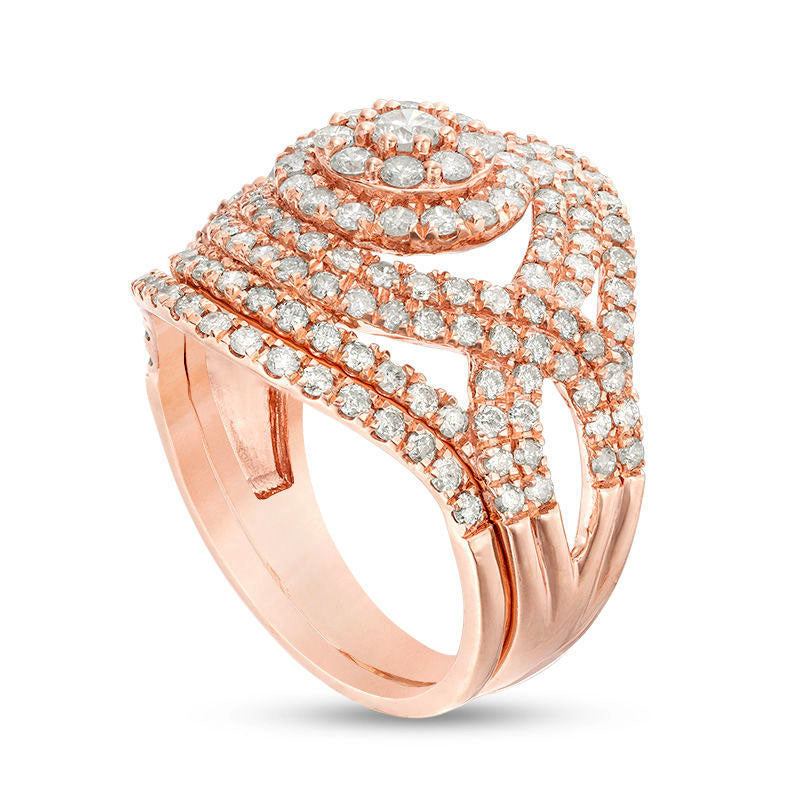 1.75 CT. T.W. Natural Diamond Double Frame Crossover Bridal Engagement Ring Set in Solid 10K Rose Gold