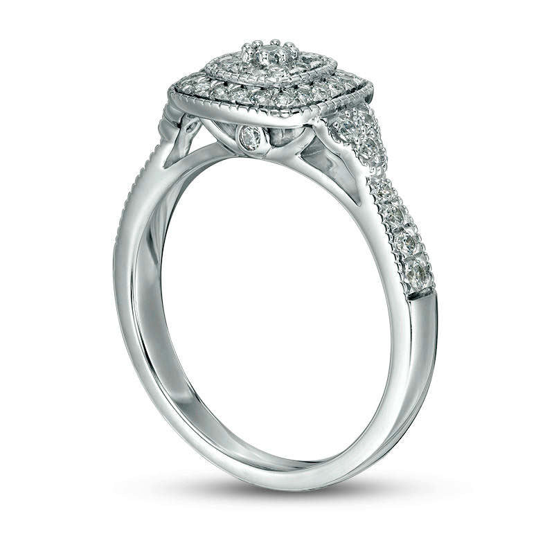 0.50 CT. T.W. Composite Natural Diamond Cushion Frame Tri-Sides Antique Vintage-Style Engagement Ring in Solid 10K White Gold