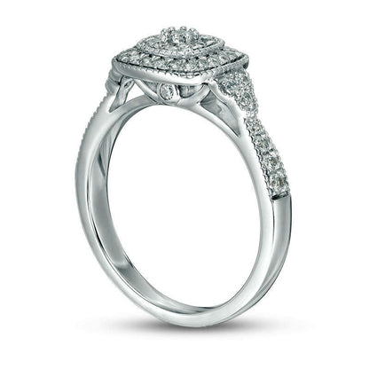 0.50 CT. T.W. Composite Natural Diamond Cushion Frame Tri-Sides Antique Vintage-Style Engagement Ring in Solid 10K White Gold