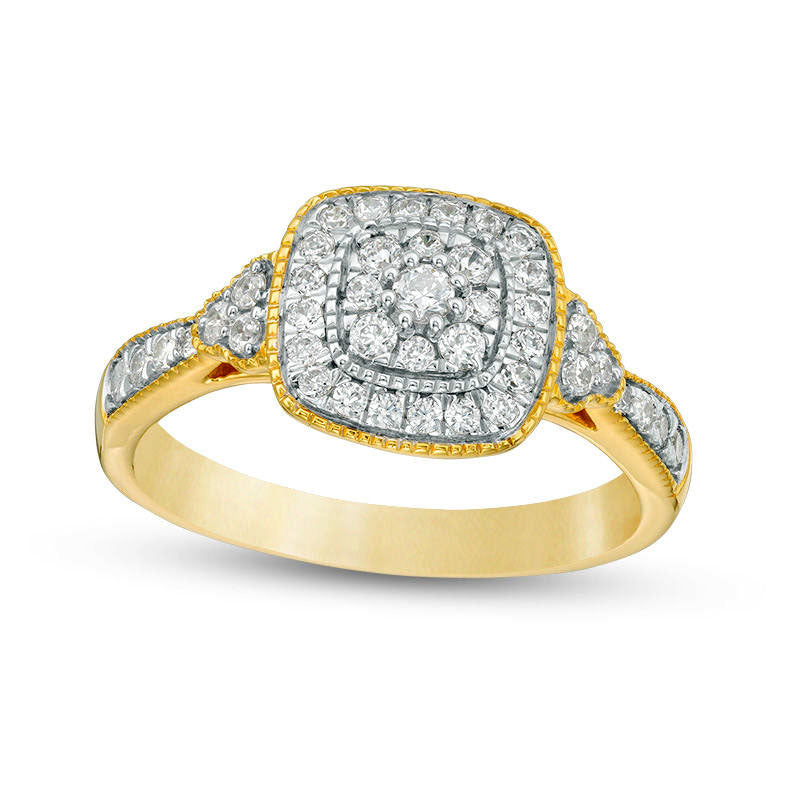 0.50 CT. T.W. Composite Natural Diamond Cushion Frame Tri-Sides Antique Vintage-Style Engagement Ring in Solid 10K Yellow Gold