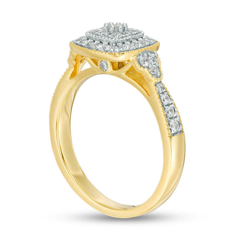 0.50 CT. T.W. Composite Natural Diamond Cushion Frame Tri-Sides Antique Vintage-Style Engagement Ring in Solid 10K Yellow Gold