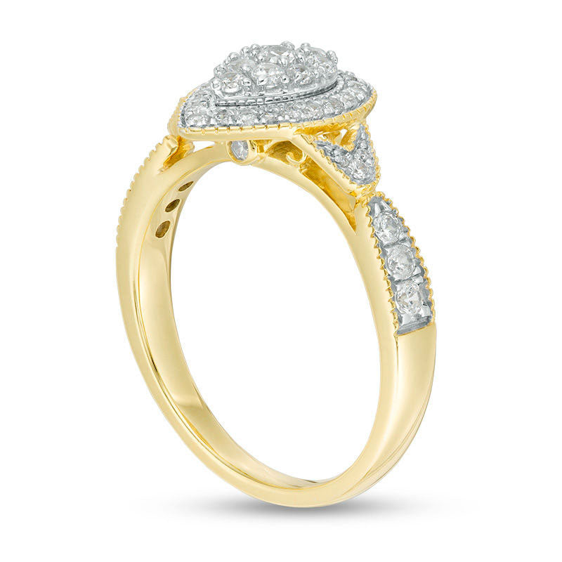 0.50 CT. T.W. Composite Natural Diamond Double Pear-Shaped Frame Antique Vintage-Style Engagement Ring in Solid 10K Yellow Gold