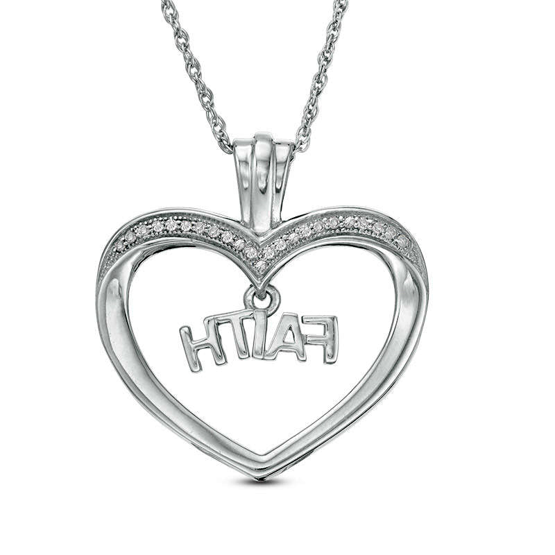 0.1 CT. T.W. Natural Diamond FAITH" Charm in Heart Pendant in Sterling Silver"