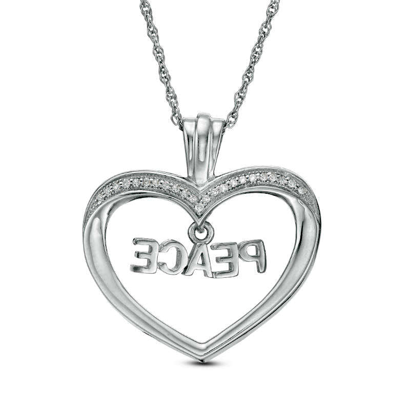 0.1 CT. T.W. Natural Diamond PEACE" Charm in Heart Pendant in Sterling Silver"