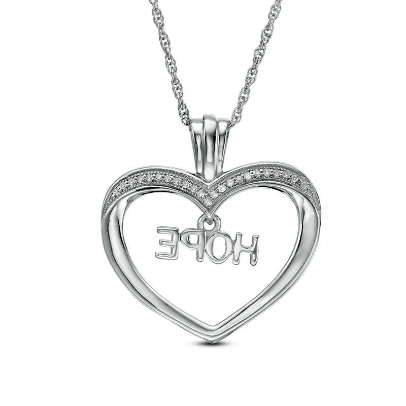 0.1 CT. T.W. Natural Diamond HOPE" Charm in Heart Pendant in Sterling Silver"