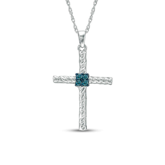 0.1 CT. T.W. Enhanced Blue Quad Natural Diamond Twist Cross Pendant in Sterling Silver