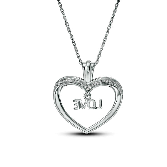 0.1 CT. T.W. Natural Diamond LOVE" Charm in Heart Pendant in Sterling Silver"