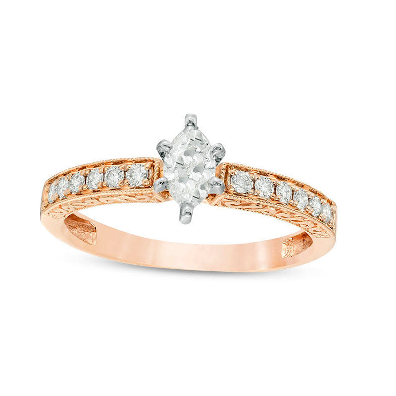 0.50 CT. T.W. Certified Marquise Natural Diamond Filigree Antique Vintage-Style Engagement Ring in Solid 14K Rose Gold (I/I1)