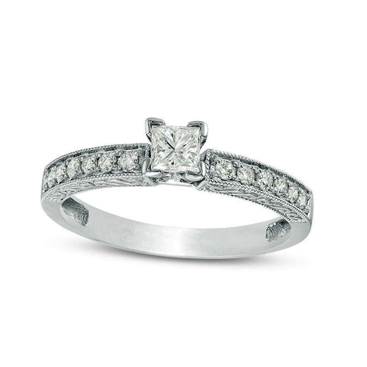 0.50 CT. T.W. Certified Princess-Cut Natural Diamond Filigree Antique Vintage-Style Engagement Ring in Solid 14K White Gold (I/I1)