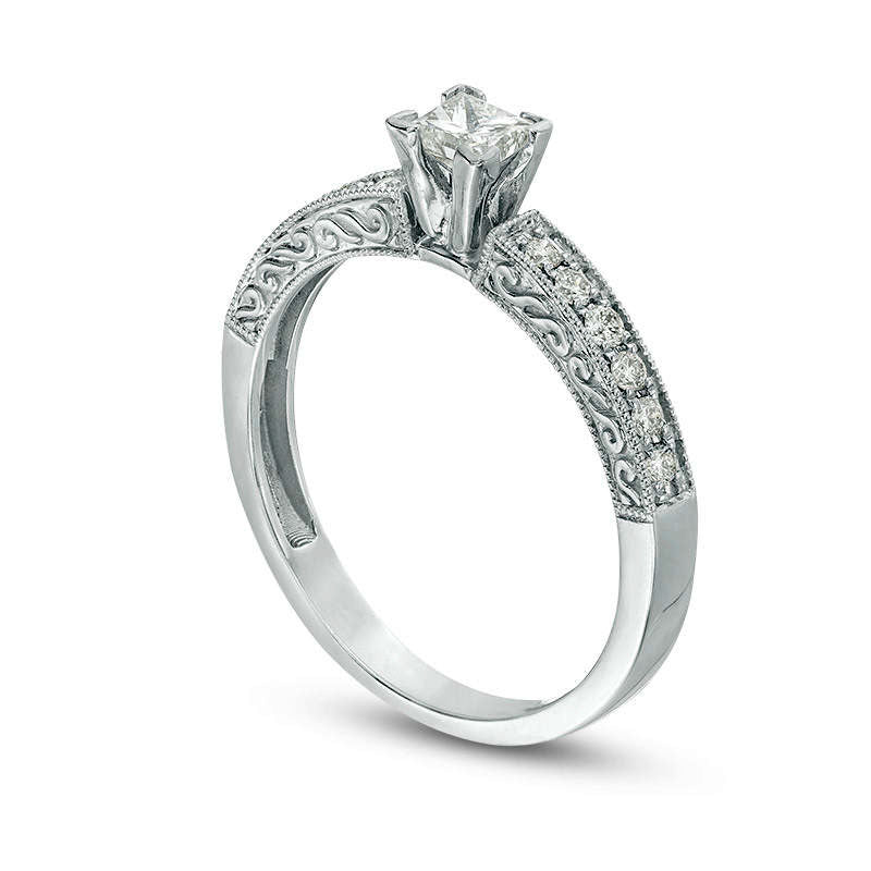 0.50 CT. T.W. Certified Princess-Cut Natural Diamond Filigree Antique Vintage-Style Engagement Ring in Solid 14K White Gold (I/I1)