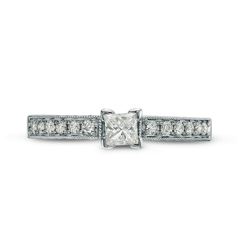 0.50 CT. T.W. Certified Princess-Cut Natural Diamond Filigree Antique Vintage-Style Engagement Ring in Solid 14K White Gold (I/I1)