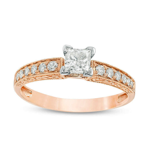 0.50 CT. T.W. Certified Princess-Cut Natural Diamond Filigree Antique Vintage-Style Engagement Ring in Solid 14K Rose Gold (I/I1)