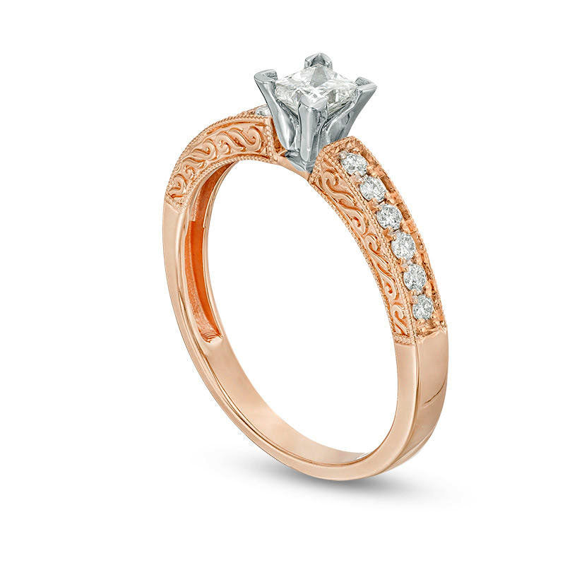 0.50 CT. T.W. Certified Princess-Cut Natural Diamond Filigree Antique Vintage-Style Engagement Ring in Solid 14K Rose Gold (I/I1)