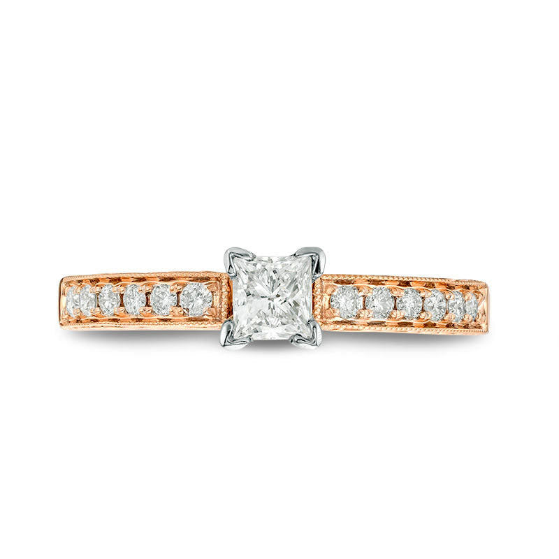 0.50 CT. T.W. Certified Princess-Cut Natural Diamond Filigree Antique Vintage-Style Engagement Ring in Solid 14K Rose Gold (I/I1)