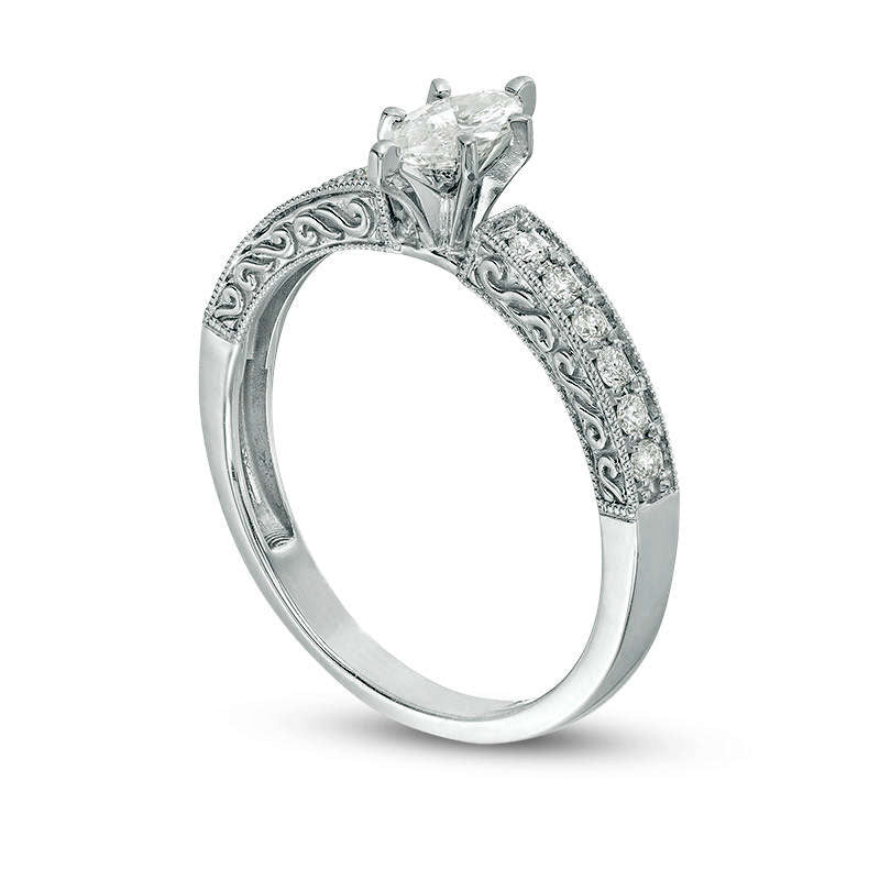 0.50 CT. T.W. Certified Marquise Natural Diamond Filigree Antique Vintage-Style Engagement Ring in Solid 14K White Gold (I/I1)