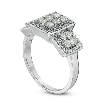 1.0 CT. T.W. Composite Natural Diamond Three Stone Frame Engagement Ring in Sterling Silver