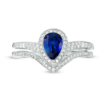 Pear-Shaped Lab-Created Blue Sapphire and 0.25 CT. T.W. Diamond Frame Chevron Bridal Engagement Ring Set in Sterling Silver