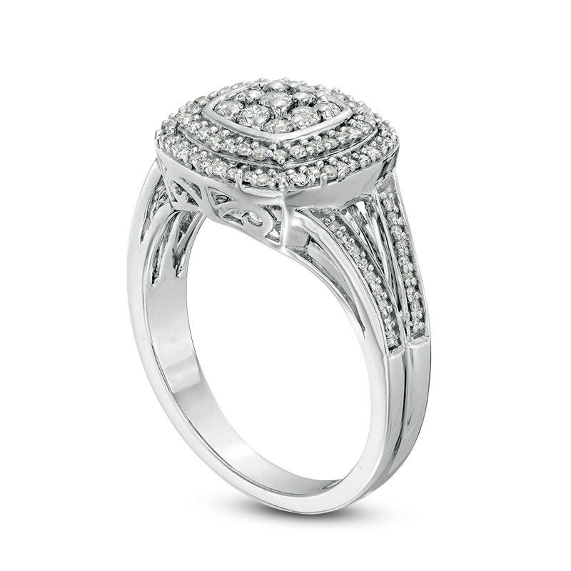 0.50 CT. T.W. Composite Natural Diamond Double Cushion Frame Split Shank Engagement Ring in Sterling Silver