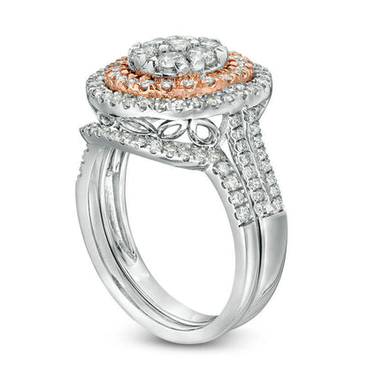 1.25 CT. T.W. Composite Natural Diamond Double Frame Split Shank Bridal Engagement Ring Set in Solid 10K Two-Tone Gold